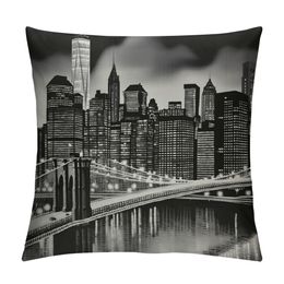 City Throw Pillow Case New York City Night Landscape Rise Building Bridge Black White Cushion Cover for Men Women Sofa Armchair Bedroom Livingroom
