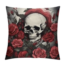 Skull Throw Pillow Cover Sugar Skull Red Rose with Bat Spider Web Decorative Pillowcase Protector Skeleton Roses Flowers Outdoor Cushion Covers for Home Sofa Bed