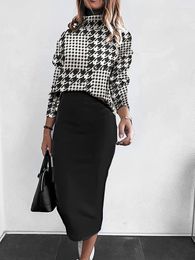 Work Dresses Autumn Winter Print Skirt Women Outfit Streetwear Casual Femme Two Piece Suit Slim Long Sleeve Elegant Matching