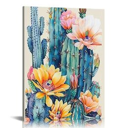 Cactus Canvas Wall Art, Green Spiny Succulent Cacti with Colourful Flowers Painting Print Modern Green Plants Picture Poster for Dining Room Kitchen Decor
