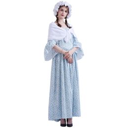 Medieval Renaissance Costumes Colonial Pioneer Pilgrim Adult Halloween Carnival Party Woman Floral Dress with Bonnet Outfit Yellow Blue 311v