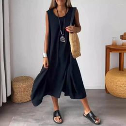 Casual Dresses Women A-line Dress Solid Color Loose Midi O Neck Pleated Beach Sundress For Wear With Big Hem