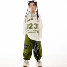 Green Pants Boys Teenagers Casual Clothing Hip Hop Dance Clothes For Girls Jazz Practice Wear White Long Sleeves Tops