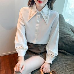 Women's Blouses Solid Shirts Summer 2024 Chiffon Loose Long Sleeves White Casual Top Ladies Embroidery Clothing YCMYUNYAN