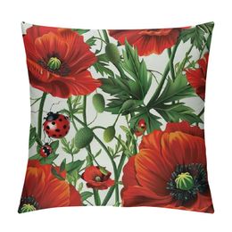 Throw Pillow Cover Red Poppy Flowers Beautiful Poppy Green Leaves Ladybug Animal Spring Wild Drop Decor Lumbar Pillow Case Cushion for Sofa Couch Bed Standard