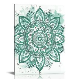 Mandala Wall Art Teal Bathroom Wall Decor, Flower Boho Pictures Turquoise Floral Canvas Paintings Indian Bohemian Artwork for Yoga Spa Bedroom Living Room
