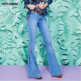 Women's Jeans Ladies Mid-Waist Lace-up Denim Pants Stretch Women Flared Spring And Autumn Blue Washed 2024 Drop