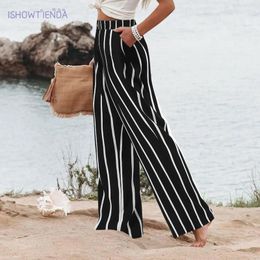 Women's Pants Vintage Stripe Print Women Casual Loose Button Wide Leg Trousers Female 2024 Summer Fashion All-Match Lady Streetwear