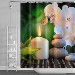 Orchid Green Bamboo Shower Curtains Pink Lotus Flower Plant Black Stone Zen Spa Garden Scenery Fabric Bathroom Curtain Decor Set
