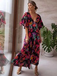 Boho Inspired floral printed rayon dress V-neck flare sleeve summer dress holiday maxi dresses bohemian boho beach dress women 240528
