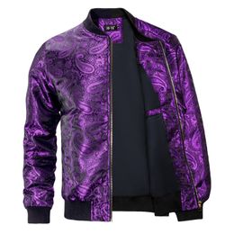 Hi-Tie Purple Mens Jacket Jacquard Paisley Floral Motorcycle Zipper Coat Sport Streetwear Spring Fall Baseball Uniform Outdoor
