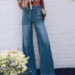 Women's Jeans Fashion Washed Blue Straight High Waist Casual Lace Up Loose Autumn Pants 2024 Vintage Wide Leg Denim For Women