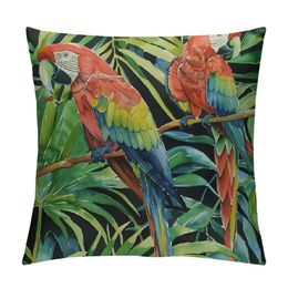 Watercolor Parrot Throw Pillow Cover Macaw Bird Tropical Jungle Leaf Floral Botanical Palm Tree Pillow Case Decorative Square Cushion for Home Couch Bed