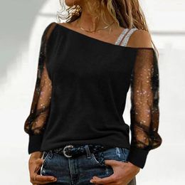 Women's T Shirts Sexy Woman Long Sleeve Sequin Blouse Top Winter Christmas Party Off-Shoulder Bling Mesh Sheer Lady Casual Clothes