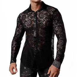 Streetwear Mens Sexy Shirts Mesh Lace Florals Embroidery Shirt For Male Vintage Hollow Out See Through Mesh Tops Men Cardigans 240524