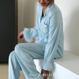 Luxury Print Pajamas Silk Satin Sexy Homewear Feather Long Sleeve 2Pcs Pyjamas Femme Spring Summer Homewear Girl's Loungewear