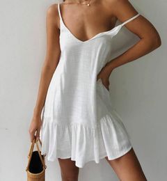 Fashion Mini Summer Dress Streetwear Style Spaghetti straps Yellow White Ruffle Plus Size Loose Casual Linen Sundress Sexy Beach D7911736
