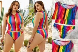 Plus Size Rainbow Striped Bikini Swimsuit High Waist Bikini Set with Zipper High Elasticity Conservative Style for Beach and Pool AST3687