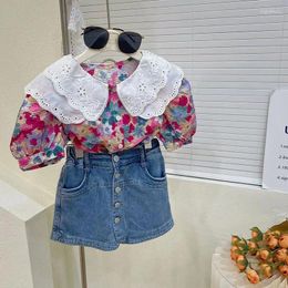 Clothing Sets Korean Spring Girl Top And Bottom Clothes Set Fashion Suit For Girls Floral Lapel Short Sleeved Shirt Denim Skirt Two Piece