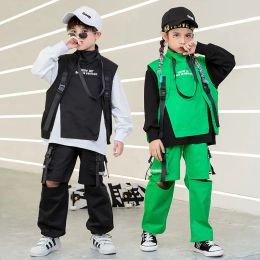 Tactical Cargo Pants Girl Boy Jazz Dance Costume Clothes wear Kids Festival Hip Hop dancing Clothing Sweatshirt High Neck Vest