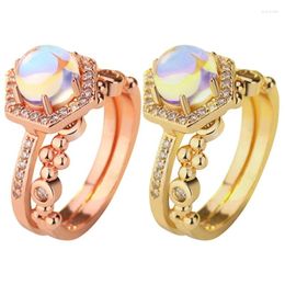 With Side Stones 2Pcs/Set Luxury Natural Moonstone Rings For Women Rosegold Colour Zirconia Wedding Engagement Jewellery