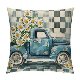 Spring Summer Decorations White Daisy Spring Pillow Covers Buffalo Plaid Truck Throw Pillow Case Hello Home Bless Spring Farmhouse Cushion Cover for Home Sofa Couch