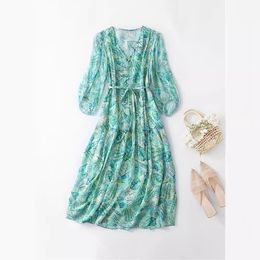 2024 Summer Green Floral Print Waist Belted Dress 1/2 Half Sleeve V-Neck Silk Buttons Midi Casual Dresses C4A2323005