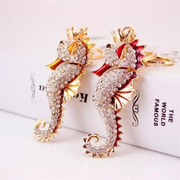 Sea Horse Pendant Keychain Holder Enamel Crystal Rhinestone Animal Fashion Car Key Chains Ring Charm Women bag Jewellery 169j