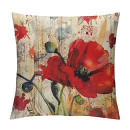 Throw Pillow Cover Red Poppy Floral Flower Paint Hand Drawn Brush Effect Design Art Print Digital Decor Lumbar Pillow Case Cushion for Sofa Couch Bed Standard