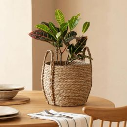 Handmade Woven Planter Basket with Handle Strong Load-bearing Natural Decorative Straw Flower Basket Laundry Basket