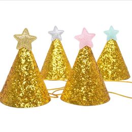Golden Glitter Birthday Hat with Star Party Baby Shower Decor Headband Photo Props Children Party Decor Gold Party Hats 295t