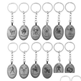 Key Rings 12 Constellations Stainless Steel Keychains Pisces Aries Leo Virgo Pendant Chain Vintage Zodiac Sign Holder Gift For Drop D Dh1Ae