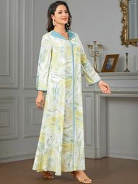Ethnic Clothing Moroccan Abaya Fashion Chic Printing Diamonds Full Sleeve V-Neck Elegant Casual Muslim Long Dresses Women Islamic Jalabiya
