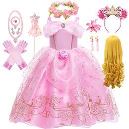 Aurora Pink Princess Dress Girl Sleeping Beauty Cosplay Costume Summer Floral Rose Print Sling Frocks 2-10 Yrs Kids Elegant Gown 240517