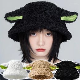 Berets 2024 Cute Women Lamb Wool Bucket Hat Winter Sheep Ear Plush Panama Caps For Girls Warm Faux Fur Soft Female Fisherman Sun Hats