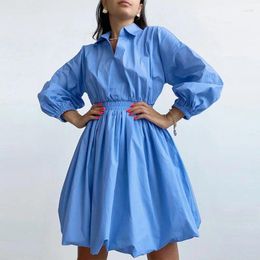 Casual Dresses Cotton V-neck Solid Women's Ball Gown Lantern Long Sleeves Ruched Ladies A-line Dress 2024 Autumn Trend Vestidos