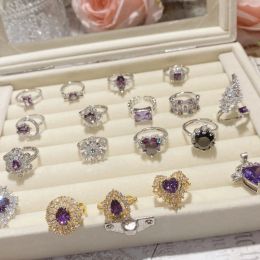 Three Stone Rings Camellia New Bright Grape Purple Zirconium Series Jewellery Gold-Plated Flash Noble Elegant Light Luxury Ring Woman Dr Otlds