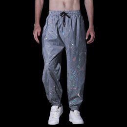 New Mens Geometric Print Reflective Jogger Sweapants Fluorescent Trousers Harajuku Hip Hop Dance Festival Rave Night Sport Pants