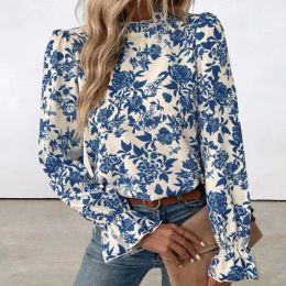 Elegant 2023 Women Shirt Ruffle Cuffs Long Sleeve Lace Trim Mock Neck Floral Pattern Blouse Top