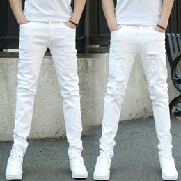 White Ice Silk Jeans for Men 2024 Spring/Summer Thin Elastic Slim Fit Small Feet Style Trendy Brand Perforated Men's White Pants