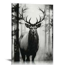 - jelenie płótno ścienne czarno -białe łosia we mglistym malowaniu lasu zdjęcie dzikie zwierzę drukowania drewnianego tła dzieła sztuki do domku w kabinie