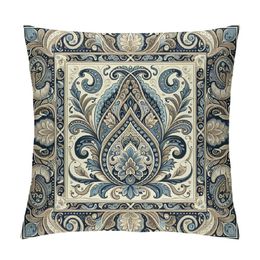 Vintage Pillow Cushion Cover, Oriental Scroll with Swirling Leaves with Eastern Design Inspirations, Decorative Square Accent Pillow Case, Slate Blue Beige Tan