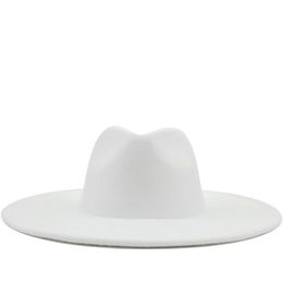 Wide Brim Hats British Style Winter Wool Solid Classic Fedoras Cap Men Women Panama Jazz Hat 9 5CM Big White 302T