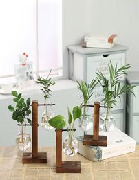 Hydroponic Plant Vases Vintage Desk Flower Pot Transparent Vase Wooden Frame Glass Tabletop Plants Home Bonsai Decorative Flowerpo5532916