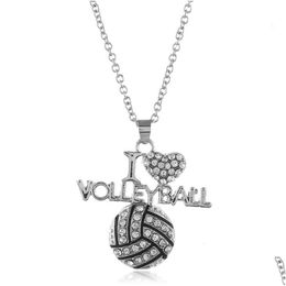 Pendant Necklaces New I Love Volleyball Crystal Letter Heart Basketball Football Sier Chains For Women Fashion Sports Jewellery Gift Dro Dha87