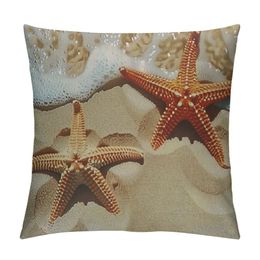 Starfish On Beach Throw Pillow Cover Wave Sand Sea Beautiful Coast Exotic Ocean Nature Shore Pillow Case Decorative Men Women Room Cushion Cover for Home Couch Bed