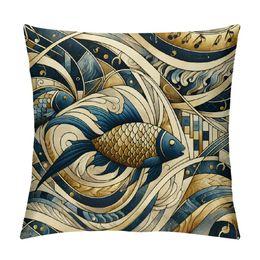 Coppa di cuscino per cuscinetti giapponesi, modello di pesce koi in vernice a tema orientale di vernice inchiostro, cuscino per accento rettangolo decorativo, benzina blu