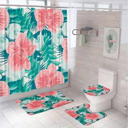 Shower Curtains Watercolour Pink Flowers Curtain Set With Rugs Toilet Cover Bath Mats Tropical Green Leaves Plant Modern Bathroom