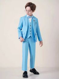Children Sky Blue Pography Suit Boys Jacket Vest Pants Bowtie 4PS Ceremony Costume Prince Kids Birthday Wedding Tuxedo Dress 240527