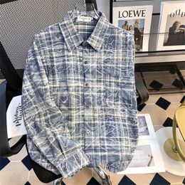 Men's Casual Shirts Fashion Cotton Design Long Sleeve Contrast Plaid Shirt Pocket-less Standard-fit Button Down Loose B85